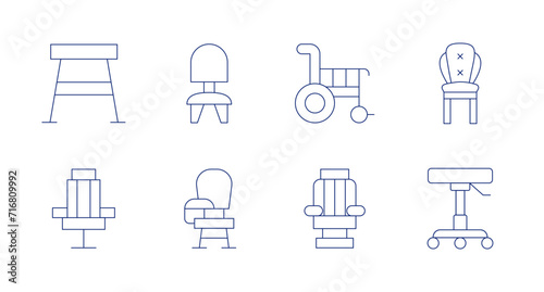 Chair icons. Editable stroke. Containing stool, barbershop, chair, deskchair, wheelchair, barberchair, armchair.