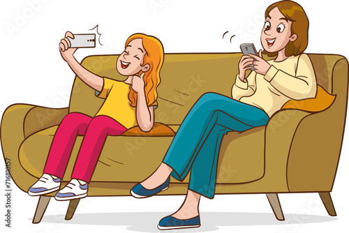 Vector illustration of a couple sitting on the couch, using mobile phone and laptop.Social media and internet addiction