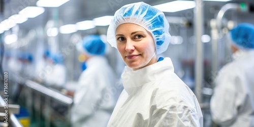Woman in protective gear supervising quality in a large-scale food processing unit , concept of Food safety