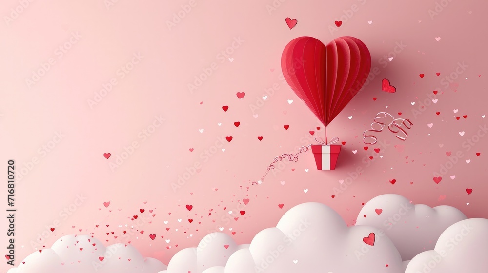 A red heart balloon paper with a gift flies among small hearts on a pink sky.