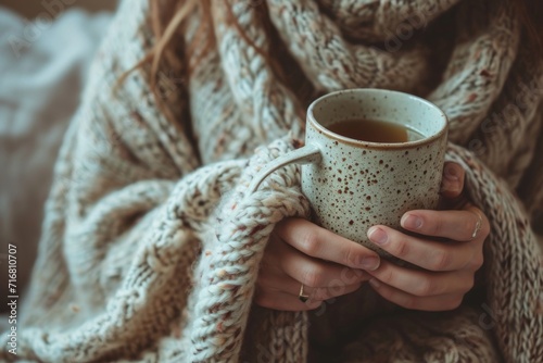 A young adult wrapped in a cozy blanket, holding a mug of herbal tea, evoking comfort and self-care