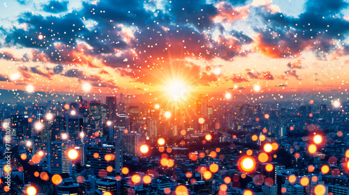 Bright and Blurred Bokeh Lights  Abstract Background with Sky and City Elements