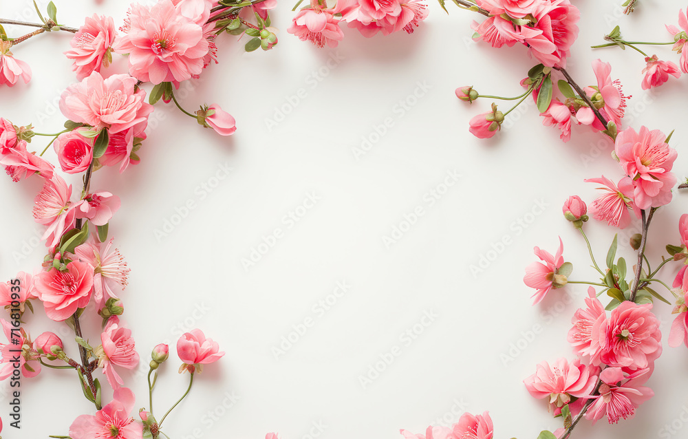 Frame of pink apple, cherry and almond flowers on a white background. Concept for congratulations, Easter, Women's Day, beautiful flowers template with place for text, copyspace