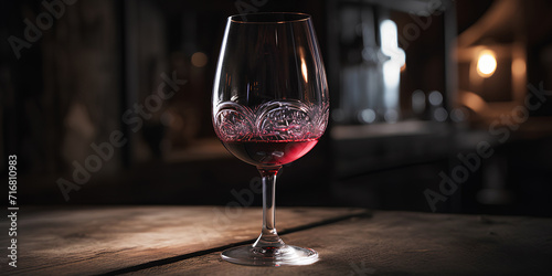 Glass of red wine on wine shop or winery cellar background.