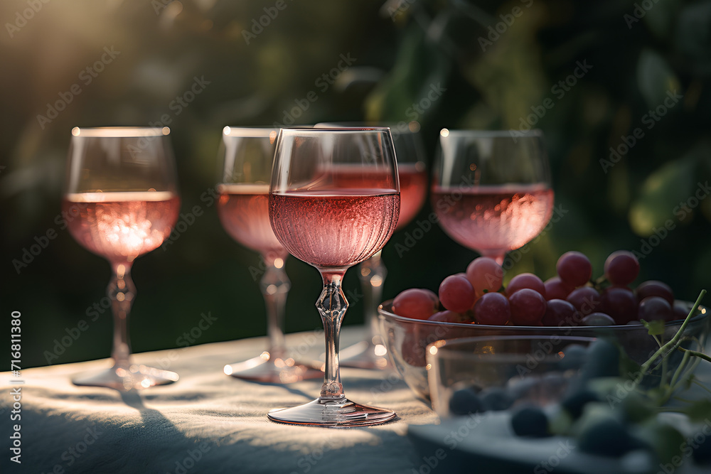 Glasses of wine and fresh grapes on the table outdoors on blurred natural background