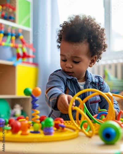 A young child playing with educational toys in a colorful and bright playroom, focusing on early learning