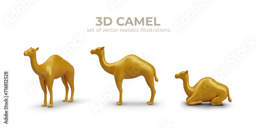 Set of golden 3D camels in different poses. Animal is standing, lying down with its legs bent