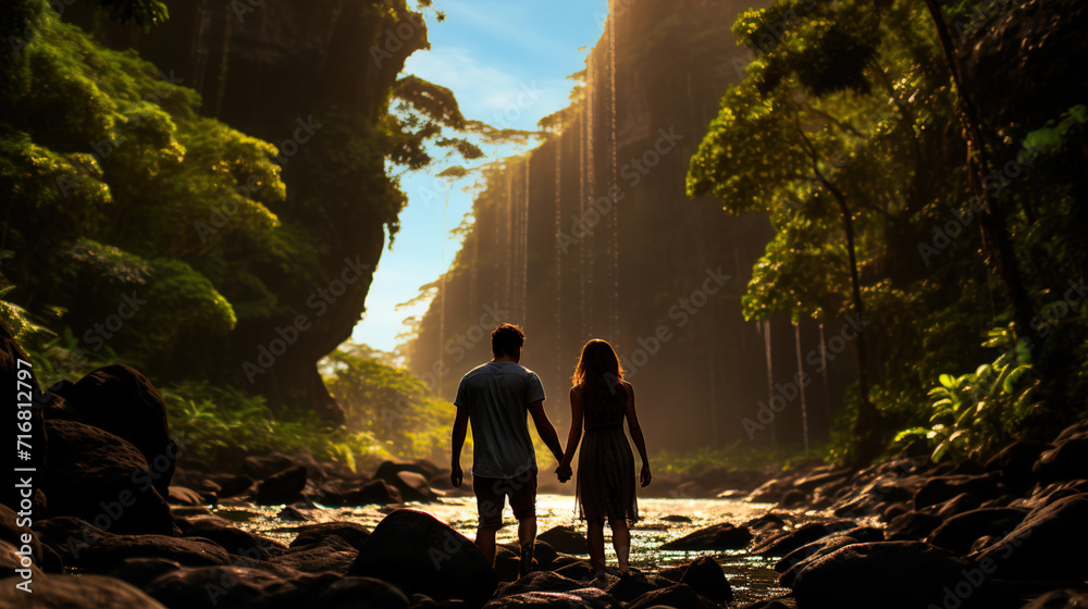 Fototapeta premium a_couple_discovering_a_hidden_waterfall