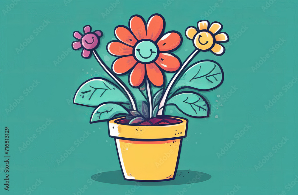 Smiling flower with cute daisy cartoon on cyan background. Cartoon characters flowers in pot on white background. Gardening concept. Cartoon minimal style flowerpot for house
