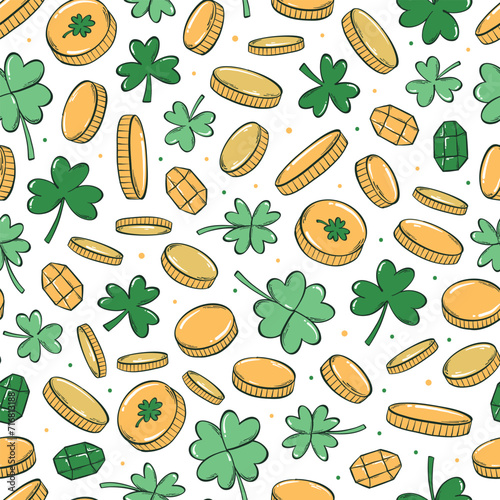 St. Patrick's day seamless pattern with clovers and gold coins for textile prints, wallpaper, wrapping paper, scrapbooking, backgrounds, etc. EPS 10