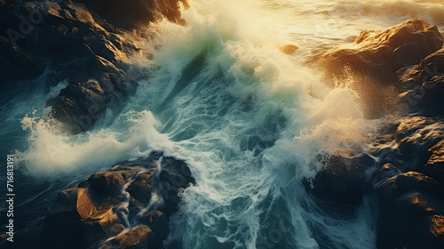 A realistic photo of a stormy sea off the coast with big waves crashing on rocks in sunny weather. Generative AI