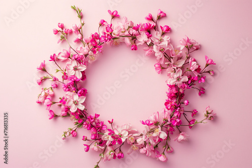 Pink wreath of apple  cherry  almond on a pink background. Banner template in the style of spring  love  freshness and new life. Concept gift banner  web  card with place for text  copy space