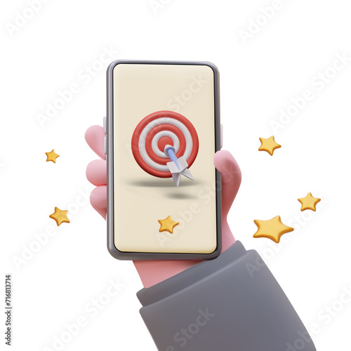 Realistic hand holds smartphone, arrow hits target on screen