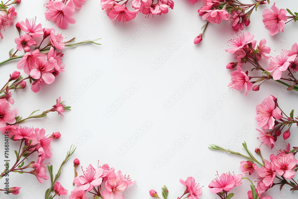 Frame of pink apple, cherry and almond flowers on a white background. Concept for congratulations, Easter, Women's Day, beautiful flowers template with place for text, copyspace