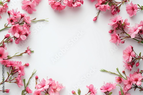Frame of pink apple  cherry and almond flowers on a white background. Concept for congratulations  Easter  Women s Day  beautiful flowers template with place for text  copyspace