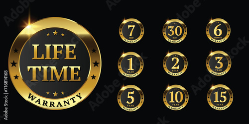 set of golden warranty logo,Vector golden warranty number. 7, 30, 3, 1, 2, 3,6, 5, 10, 15,,20life time,logo design. vector illustration