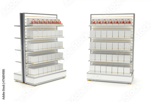 Store double-sided racks with glass shelves and perfume bottle packaging template. 3d illustration isolated on white