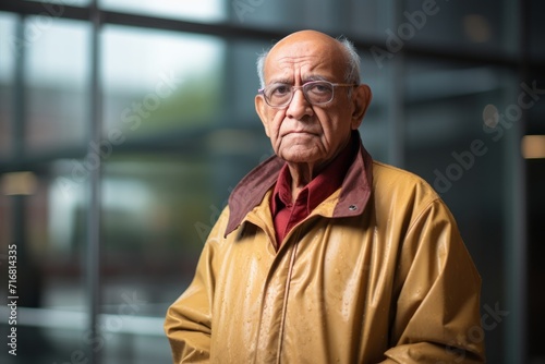 Portrait of a tender indian elderly man in his 90s wearing a functional windbreaker against a sophisticated corporate office background. AI Generation