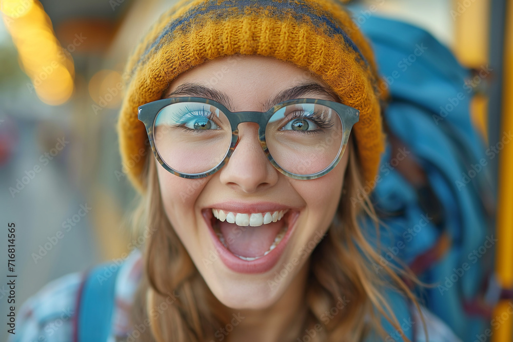 Excited Young Woman with Glasses and Yellow Beanie Excited Young Woman with Glasses and Yellow Beanie