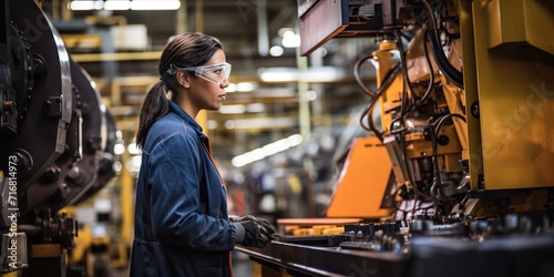 Woman operating heavy machinery in a well-organized, modern manufacturing facility , concept of Efficient production photo