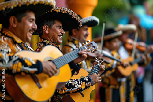 Musicians playing instruments like guitars, trumpets, and violins