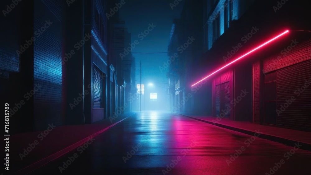 Dark street, night smog and smoke neon light. Dark background of the night city, ray of light in the dark. Gloomy dark background.  generative, ai.