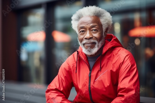 Portrait of a content afro-american man in his 80s wearing a lightweight packable anorak against a dynamic fitness gym background. AI Generation photo