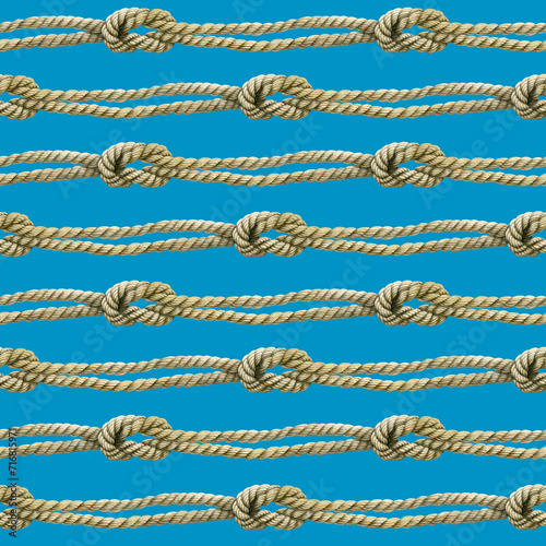 Seamless pattern of rope cords with knots. Hand drawn illustration. Nautical thread whipcord with loop and noose. Hand painted watercolor on cerulean background. For Print, wrapping, crafting, fabric.