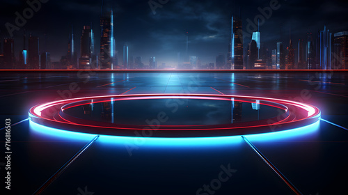 A round dance floor with a circle and a circle with the words " light " on it,, abstract background of sci fi hud ui neon frame on brick wall Pro Photo 