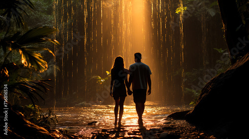 couple walking at the waterfall