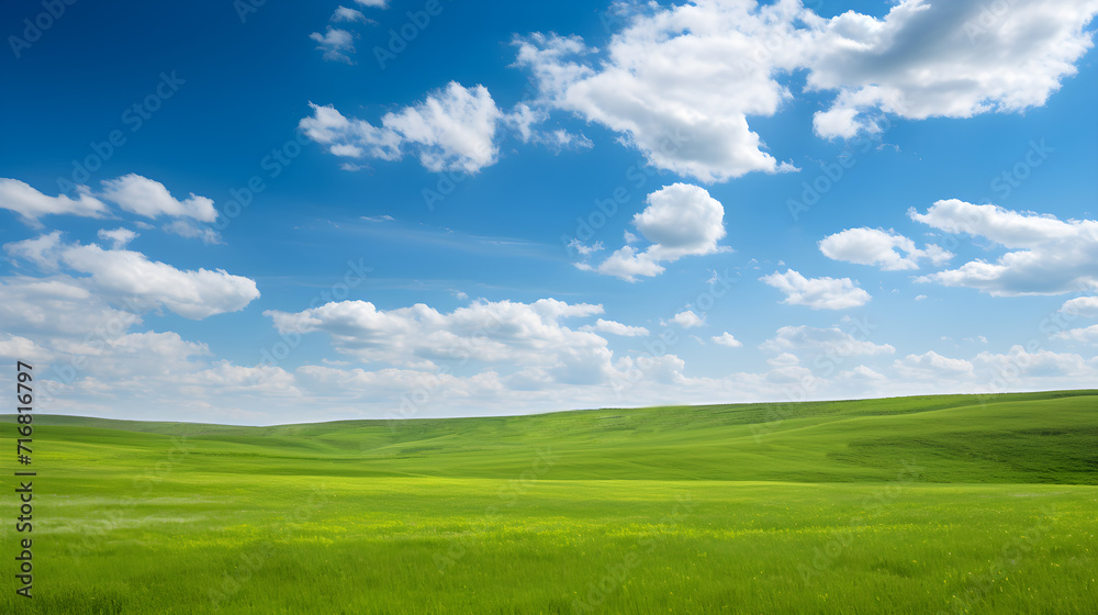 Green meadow with blue sky and clouds background