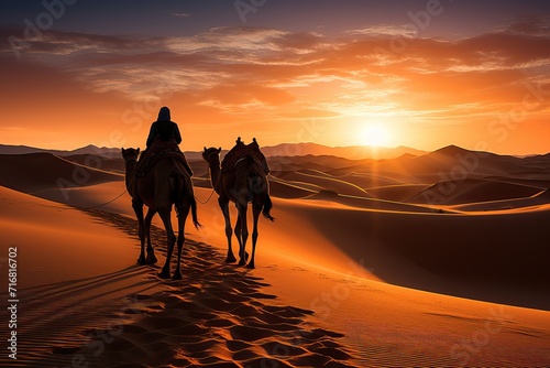 Silhouette of a caravan in the desert at sunset.