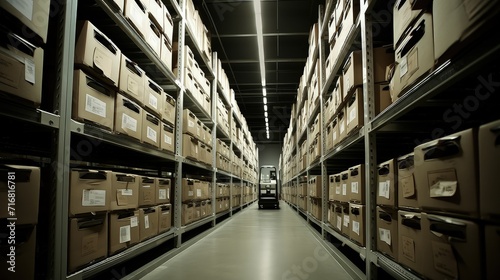 A massive warehouse filled with neatly stacked archival documents, preserving history for generations to come