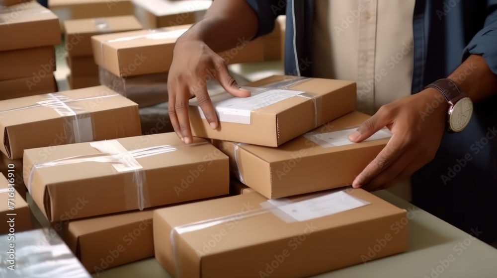 Delivery serviceman while working in a postal service warehouse. Cardboard boxes with parcels from online stores at the post office. Delivery serviceman while working in a postal service warehouse. Cardboard boxes with parcels from online stores at the post office.