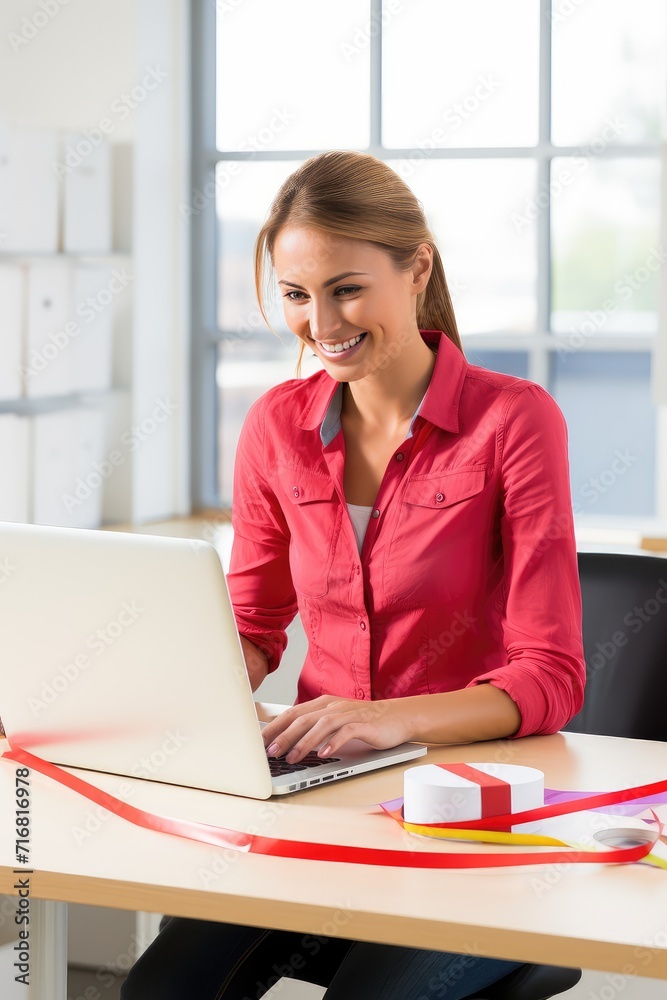 The warehouse serves as the backdrop to the seller's e-commerce success. A Young Caucasian woman in front of laptop monitor in a warehouse of packaged products and communicates with a customer. The warehouse serves as the backdrop to the seller's e-commerce success. A Young Caucasian woman in front of laptop monitor in a warehouse of packaged products and communicates with a customer.