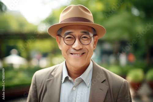 Portrait of a grinning asian man in his 50s donning a classic fedora against a bright and cheerful park background. AI Generation