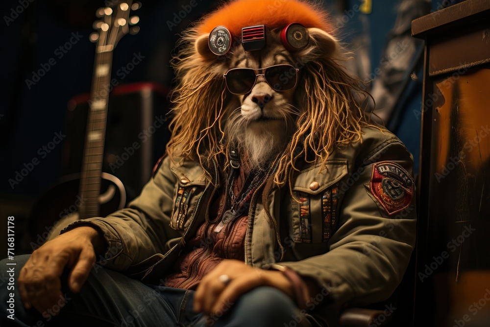 A rocker lion with sunglasses and stylish clothes is sitting in a chair