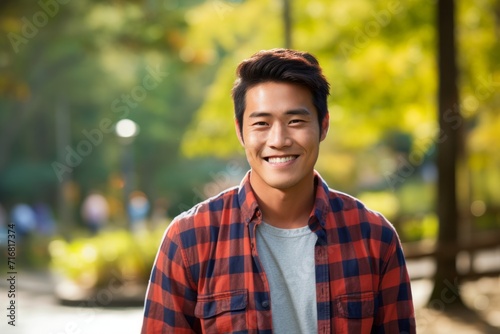 Portrait of a happy asian man in his 20s dressed in a relaxed flannel shirt against a bright and cheerful park background. AI Generation