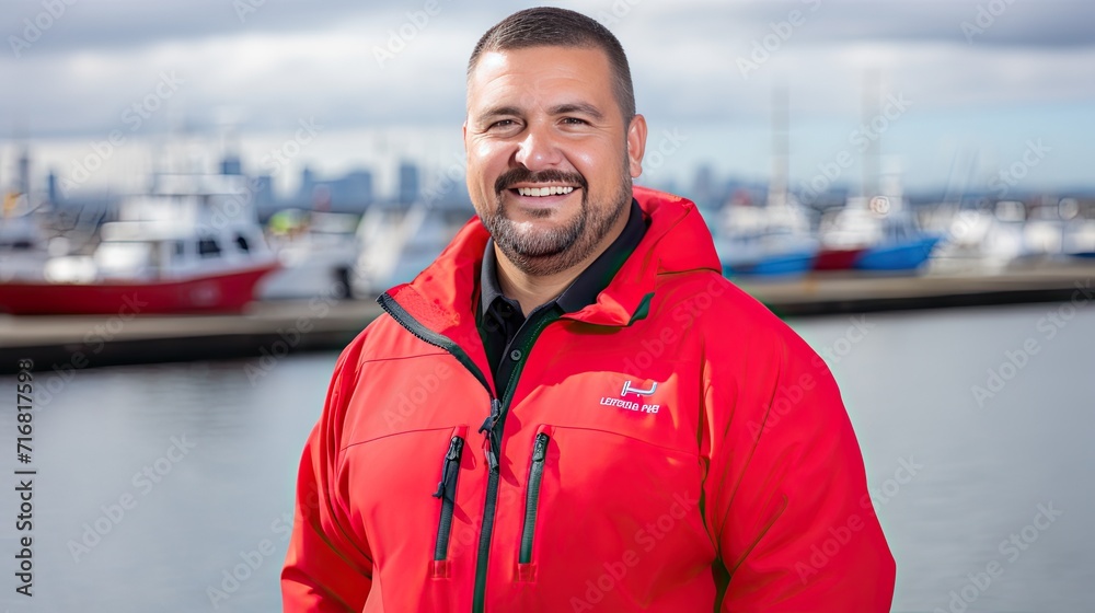 Caucasian industrial engineer in sea port. He openly looks at the camera and smiles. Caucasian industrial engineer in sea port. He openly looks at the camera and smiles.