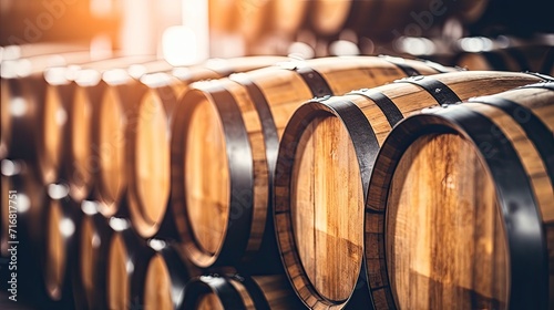 Vintage oak barrels of craft beer, whiskey, wine or brandy. Wine vaults.