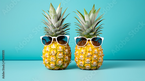 Two pineapple fruit isolated on a sky blue background, pineapples in sunglasses with copy space for text,AI generated