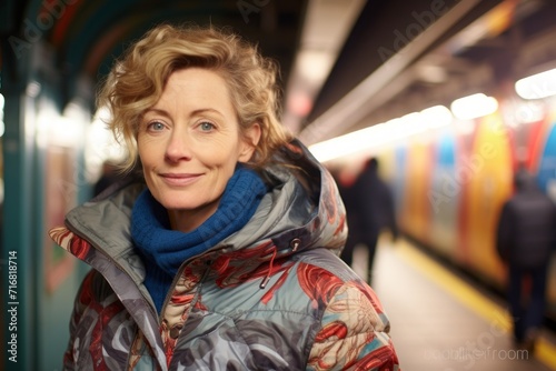 Portrait of a merry woman in her 40s sporting a quilted insulated jacket against a bustling city subway background. AI Generation