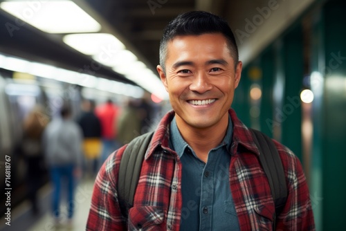 Portrait of a smiling asian man in his 40s dressed in a relaxed flannel shirt against a bustling city subway background. AI Generation