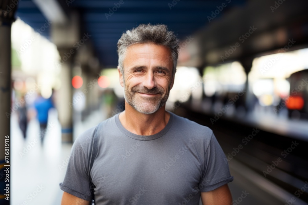 Portrait of a happy man in his 50s dressed in a casual t-shirt against a bustling city subway background. AI Generation