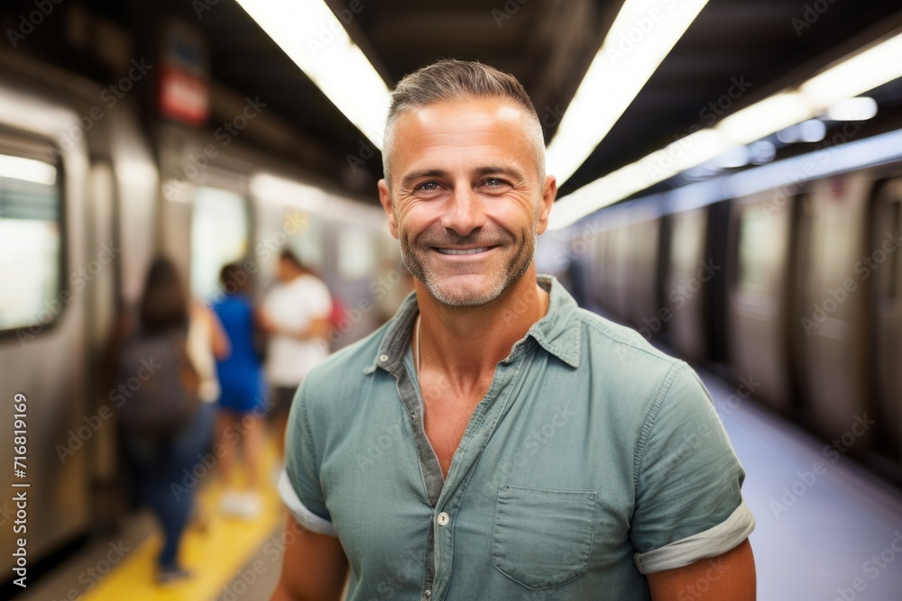 Portrait of a happy man in his 50s dressed in a casual t-shirt against a bustling city subway background. AI Generation