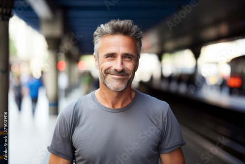Portrait of a happy man in his 50s dressed in a casual t-shirt against a bustling city subway background. AI Generation