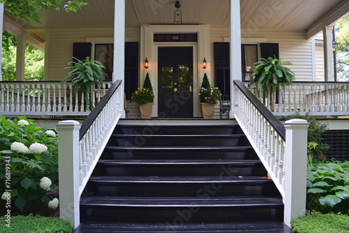 a beautiful house with black porch steps and green landscaping