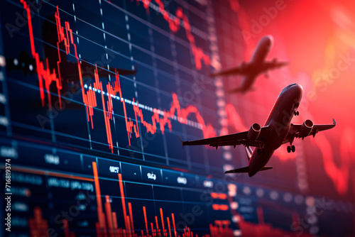An airplane in front of red stock charts, depicting the concept of a falling stock price for an airline