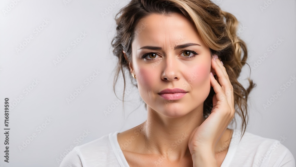 Woman in her 30s with a toothache in isolated background, professional studio shot Woman in her 30s with a toothache in isolated background, professional studio shot