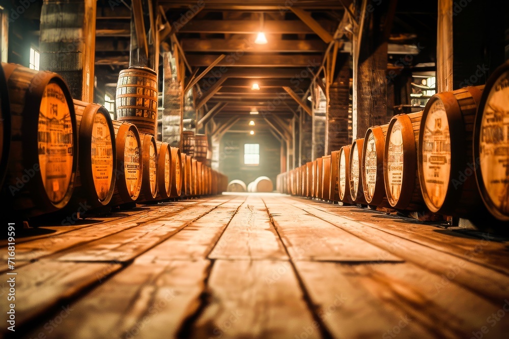 A row of aged whiskey barrels in a rustic distillery warehouse, showcasing traditional liquor storage.